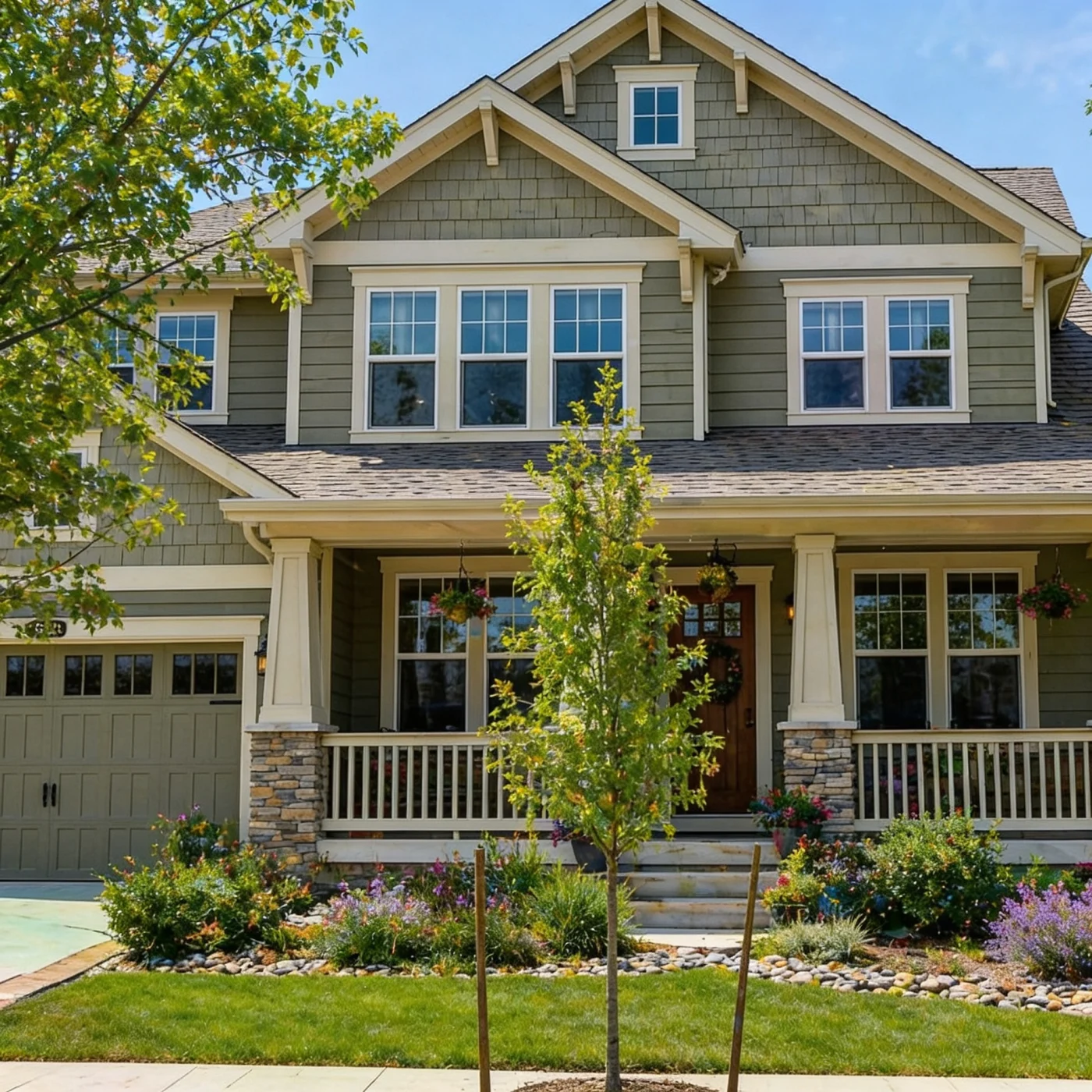 Two-story Craftsman-style home in Aurora, CO with green siding, front porch, garage, and landscaped yard under a sunny blue sky.