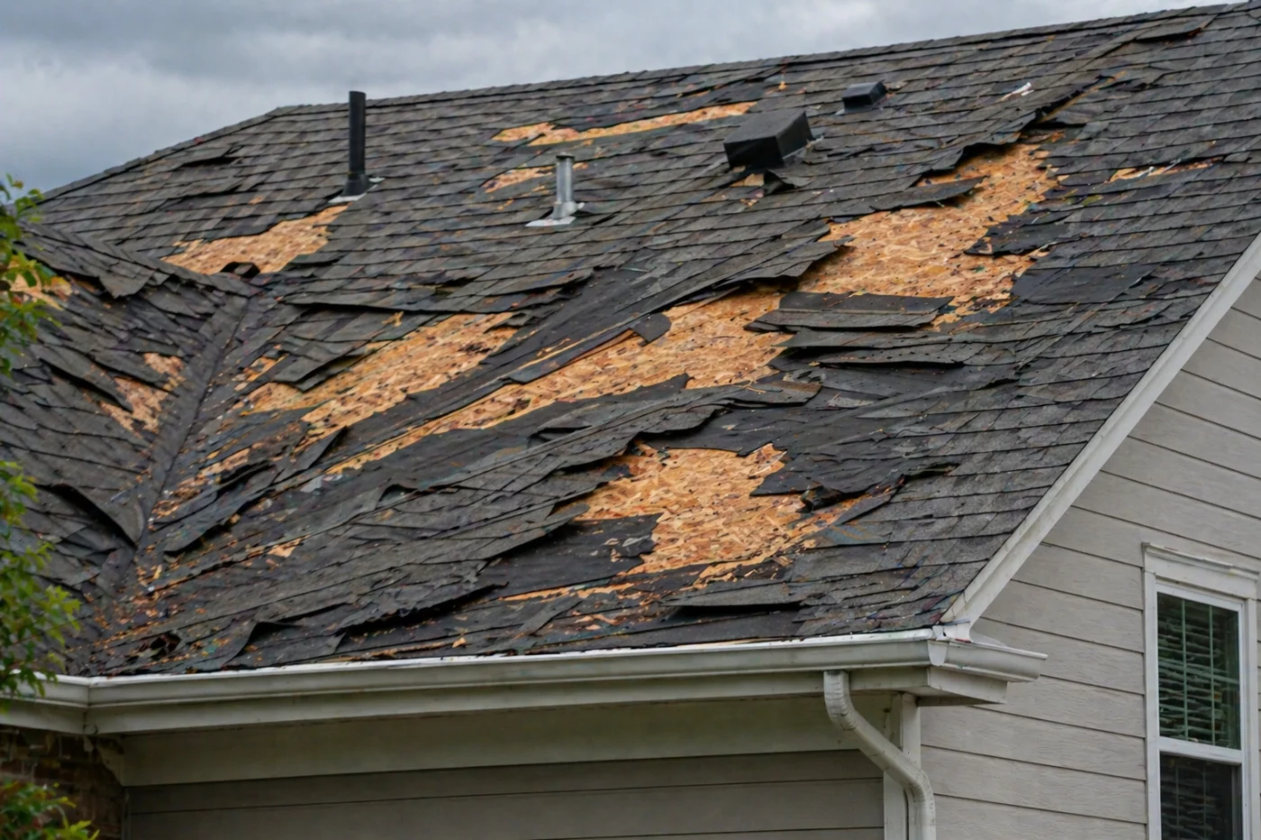 Storm-damaged residential roof with missing shingles, exposed plywood decking, torn underlayment, roof vents, gutters, and cloudy sky.