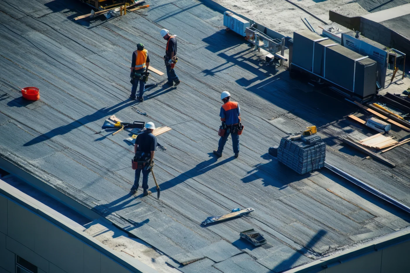 Aerial view of a flat commercial roof with workers on it who are ensuring it is in tip-top shape.