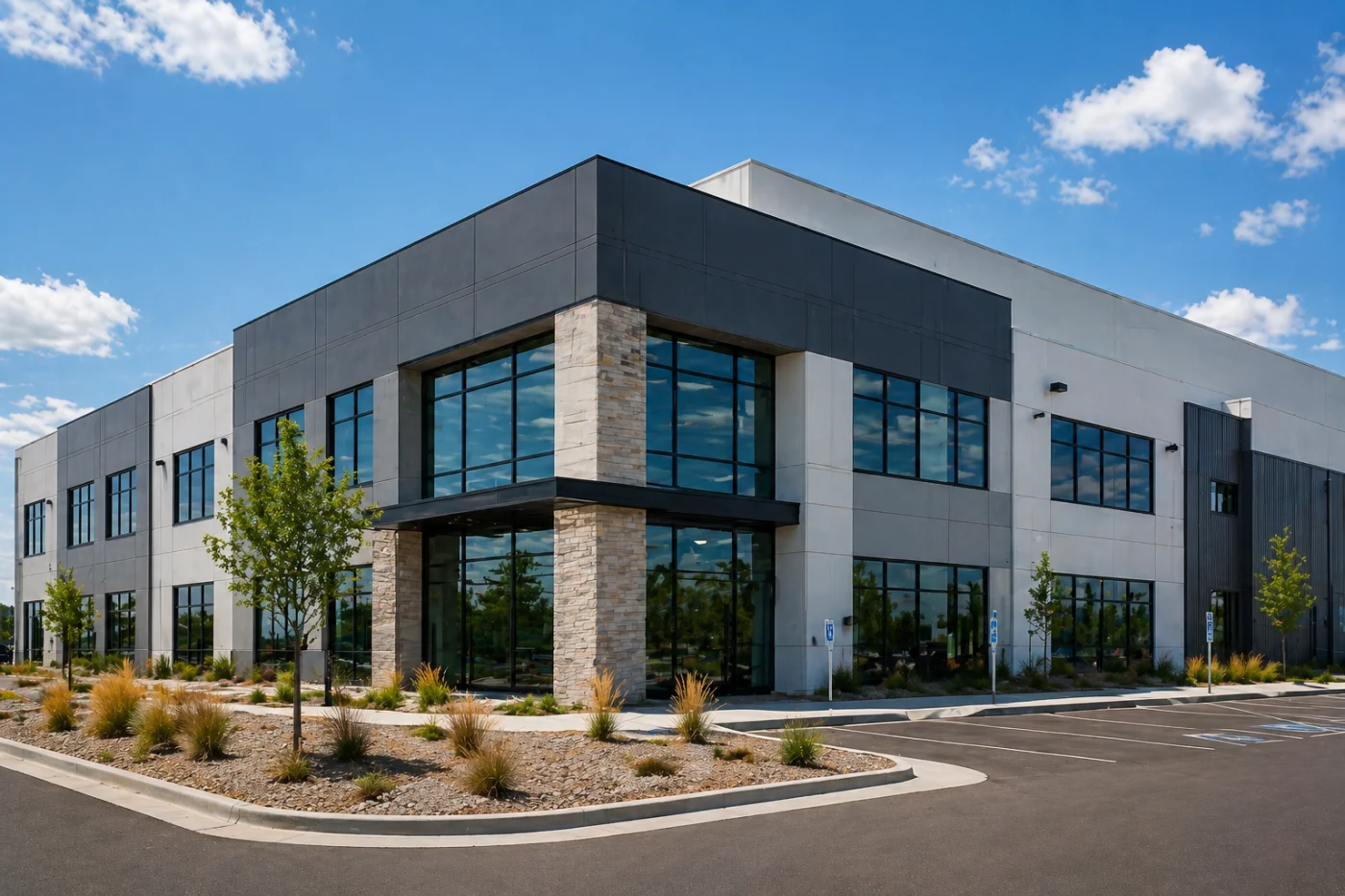 Modern two-story commercial building in Aurora, Colorado, with a flat roof, large reflective windows, gray and stone exterior.