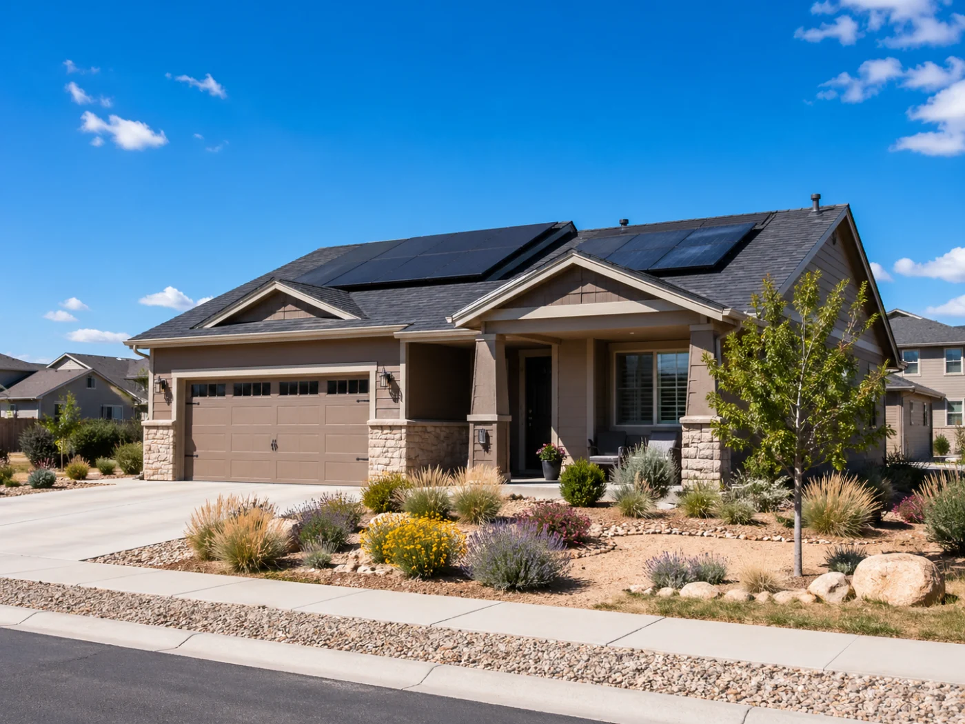 Single-story ranch home with rooftop solar panels, tan siding, garage, covered porch, and drought-tolerant landscaping.