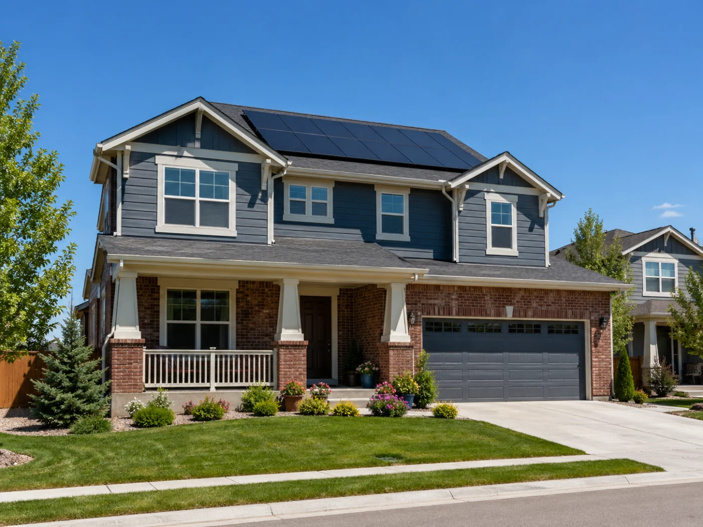 Two-story Aurora, CO home with rooftop solar panels, blue siding, brick exterior, front porch, garage, and landscaped yard.