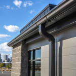 Close-up of a commercial gutter system on a Denver, CO building with metal downspout, gray siding, windows, and city skyline.