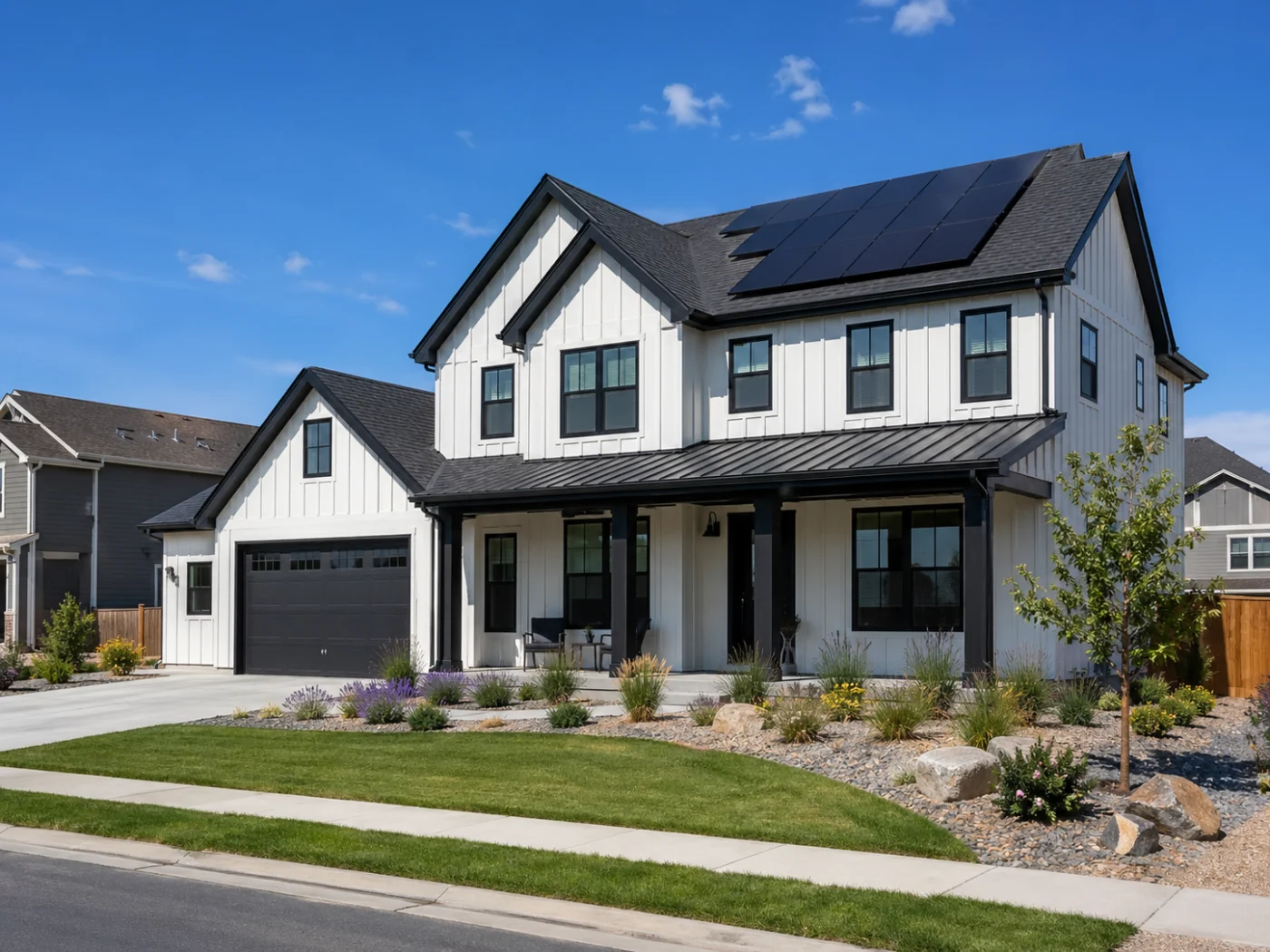 Two-story farmhouse-style home with rooftop solar panels, white siding, black trim, garage, porch, and landscaped yard.