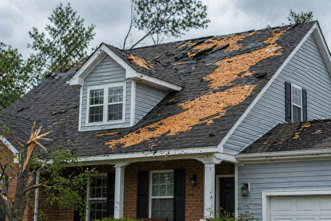 Storm-damaged two-story home with missing roof shingles, exposed decking, damaged dormer, broken tree limbs, and cloudy sky.
