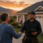 Columbine Roofing contractor shakes hands with a Northern Colorado homeowner beside a home at sunset with mountain views.
