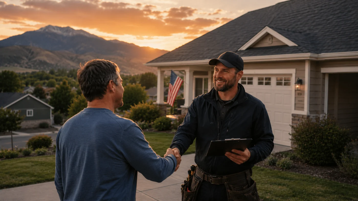Columbine Roofing contractor shakes hands with a Northern Colorado homeowner beside a home at sunset with mountain views.
