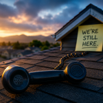 A vintage phone rests on roof shingles beside a “We’re Still Here” note, symbolizing Columbine Roofing’s follow-through after the job.