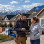 Columbine Roofing contractor calmly reviews a post-hail roofing project with a Northern Colorado homeowner outside a damaged home.