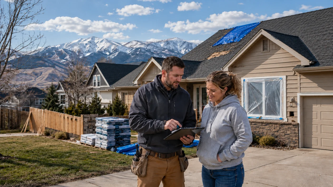 Columbine Roofing contractor calmly reviews a post-hail roofing project with a Northern Colorado homeowner outside a damaged home.