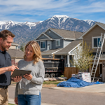 Columbine Roofing reviews a smooth multi-roof replacement project with a Northern Colorado property owner near active roofing work.