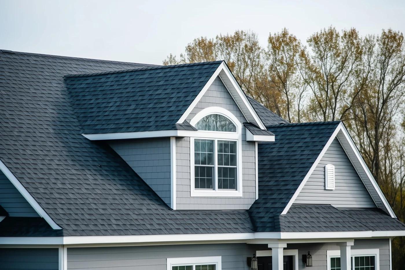 Gray home with dark shingle roof, dormer window, white trim, and gables, with tall trees behind the roofline.