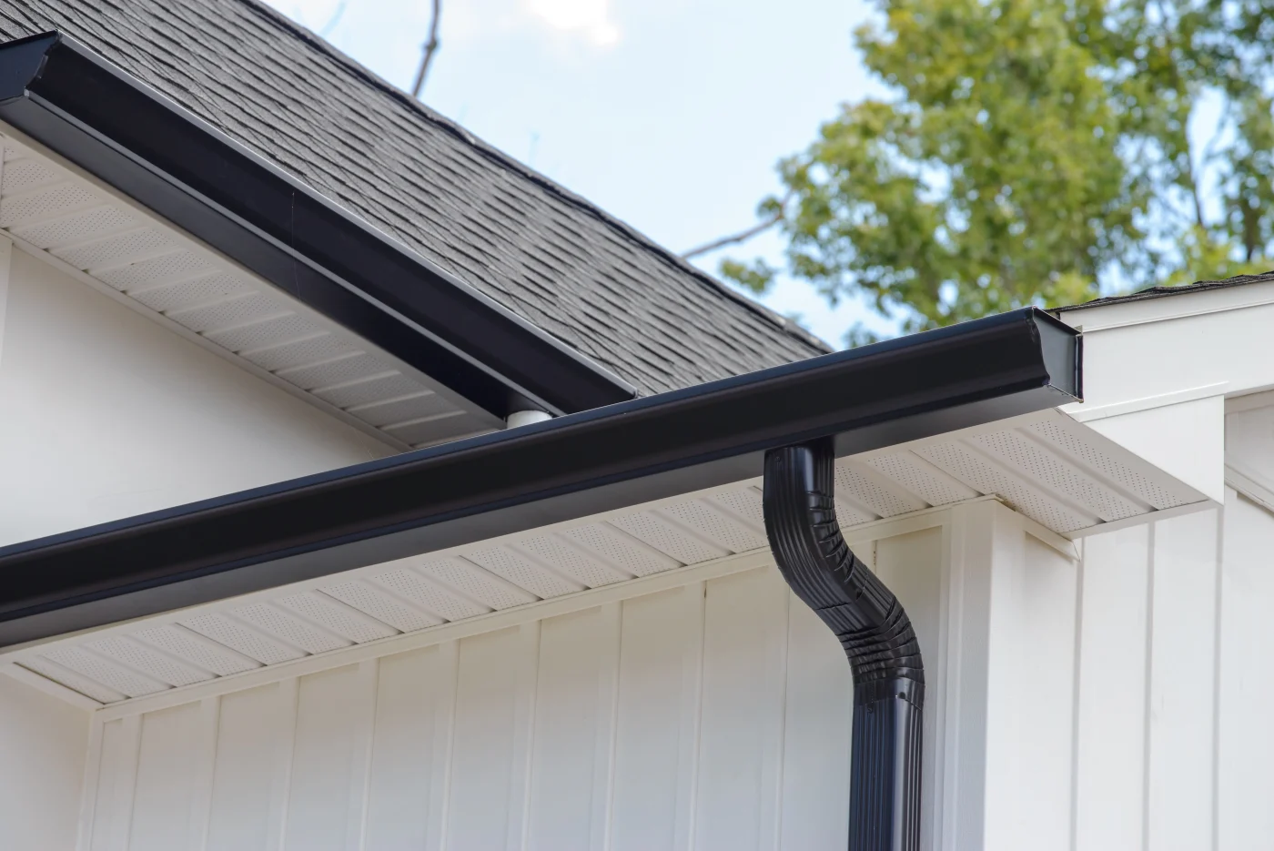 Black gutter and downspout on white home exterior, with vented soffit, gray shingles, and trees visible near the roofline.