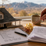 An image of a mini roof model, claim papers, checklist, and tangled string symbolize a calm Northern Colorado roof replacement process.