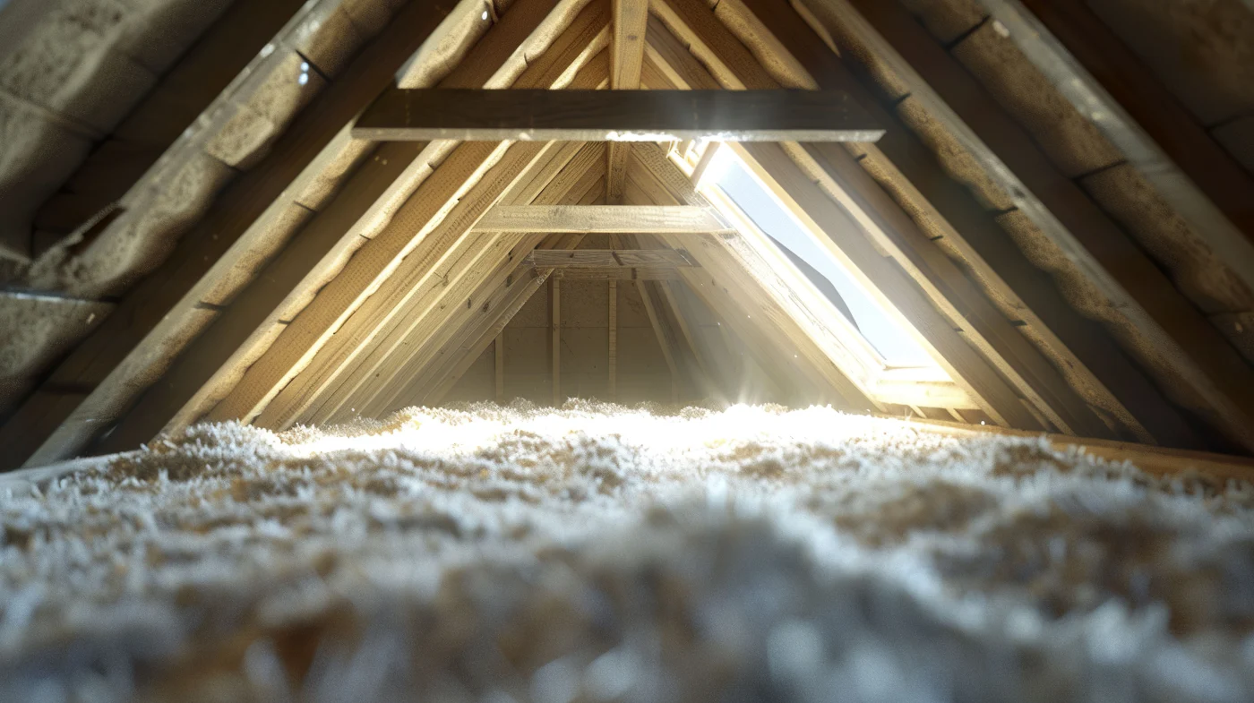 Attic with blown-in insulation, exposed wood rafters, and sunlight streaming through a roof window across the insulated floor.