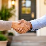 Close-up handshake at a home’s front door symbolizes trust, respect, and professionalism during a homeowner service visit.