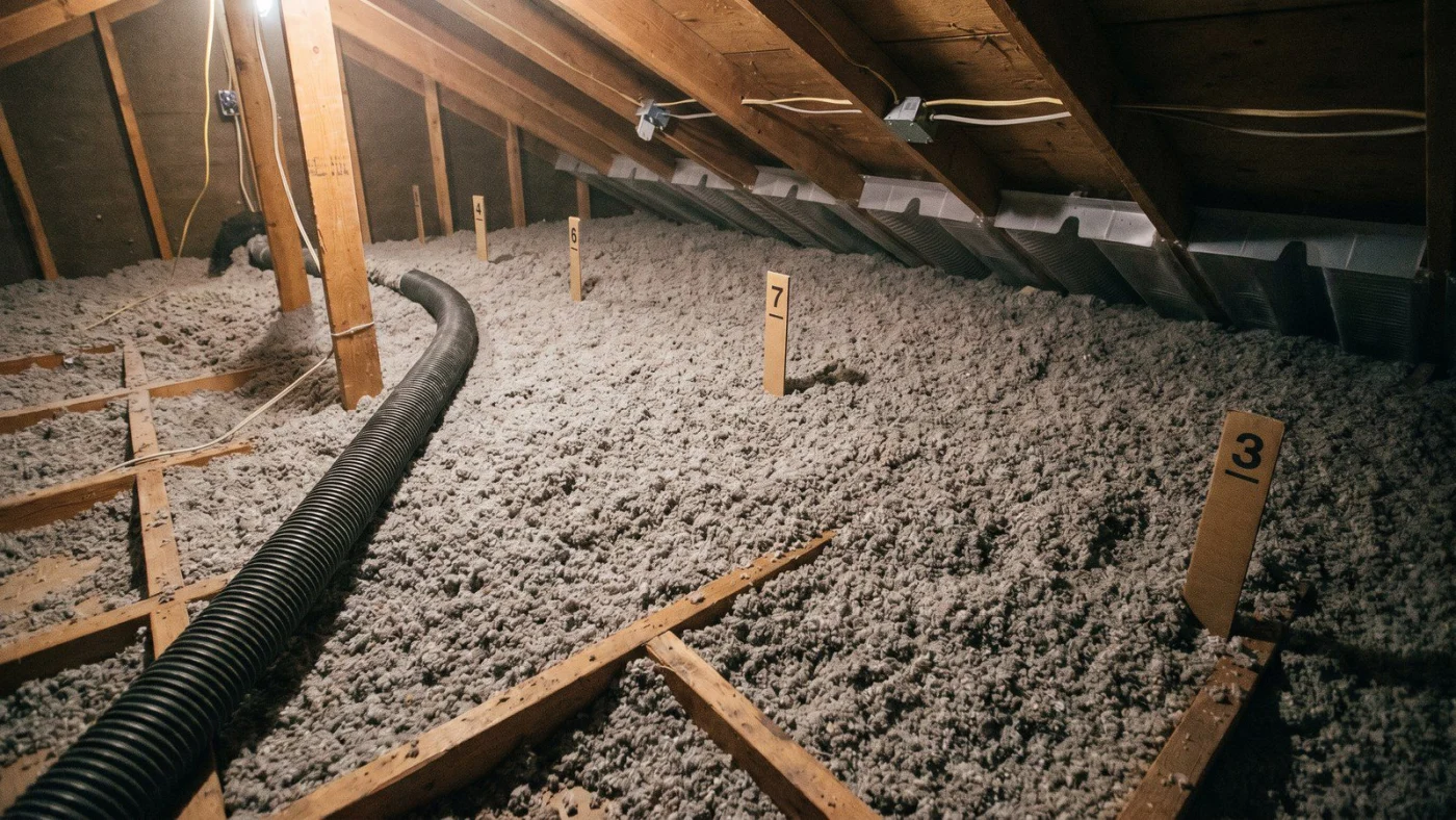 Blown-in attic insulation with depth markers, wood framing, vent baffles, and a black installation hose under the roof decking.