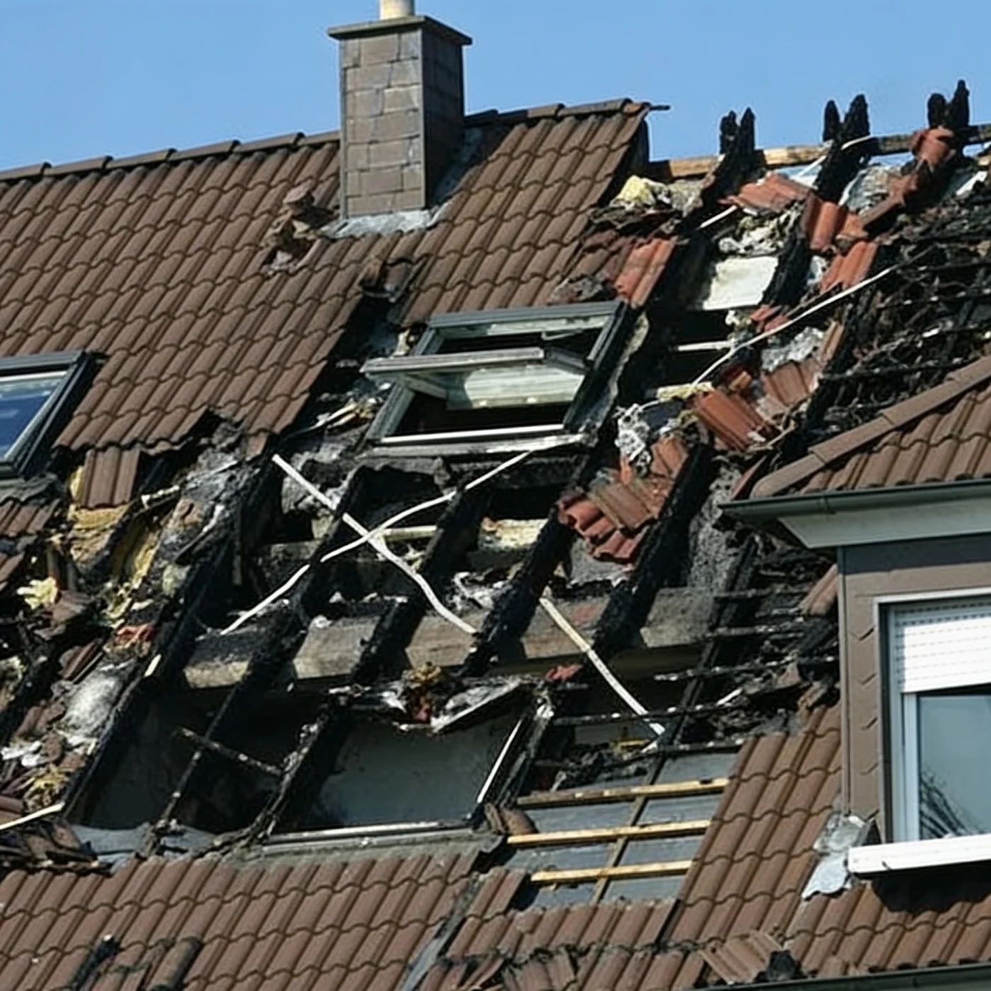 Severely damaged tile roof with burned and broken sections, exposed framing, and skylights after major storm or fire damage.