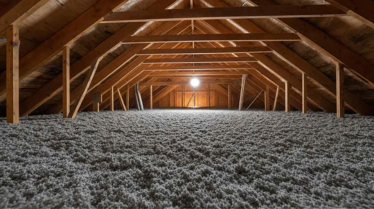 Attic with thick blown-in insulation covering the floor beneath wood roof trusses and a single light at the far end.